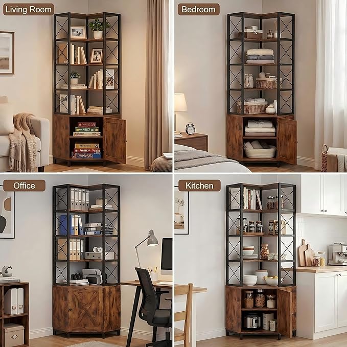 IRONCK Corner Bookshelf with 5-Tier Open Shelves, 77.9" Tall L-Shaped Bookcase with Enclosed Cabinet, Adjustable Feet, Anti-Tip Device, Walnut