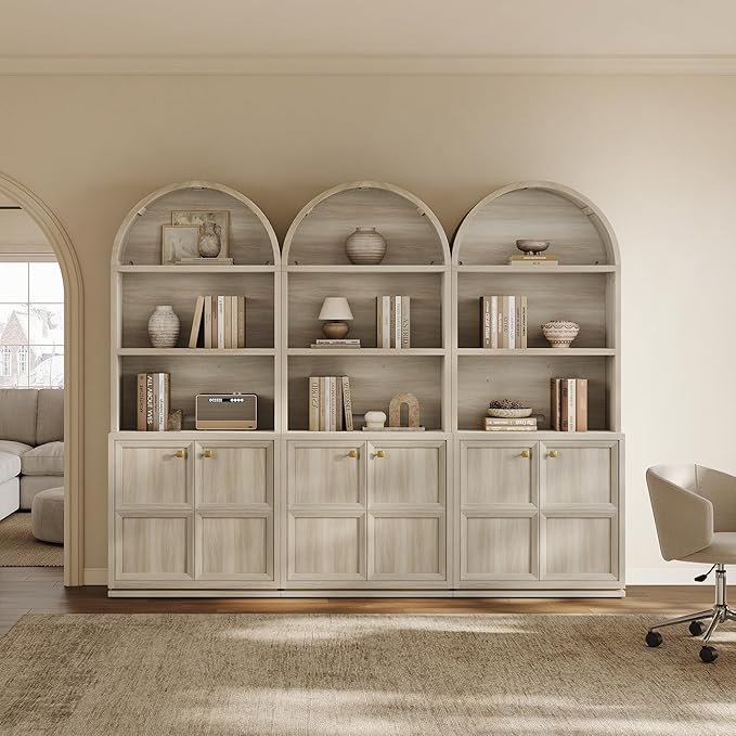 SICOTAS 81" Arched Bookcase, Large Book Shelf with Storage, Modern 5-Tier Arched Cabinet with Adjustable Shelves & Cable Management for Home Office Library Living Room Kitchen, Grey White Oak, 2 PCS