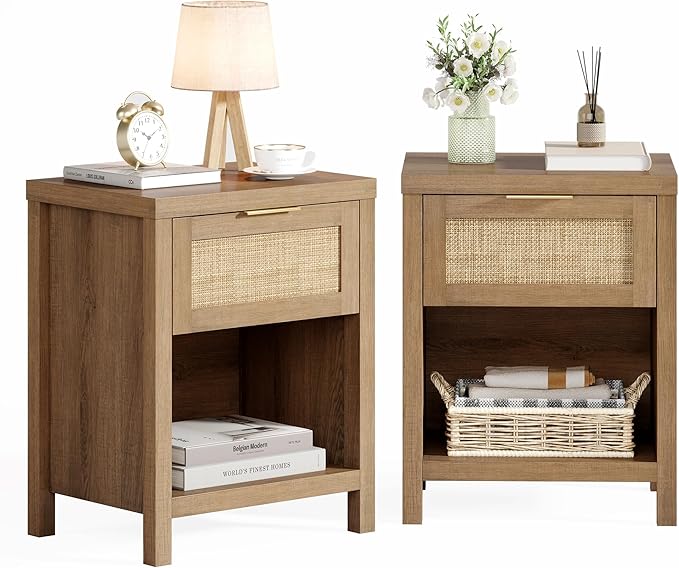 Eclatara Rattan Nightstand Set 2: Boho End Table with Drawer and Storage Shelf, Farmhouse Cane Accent Bedside Night Stands for Bedroom Small Space Sofa (2, Caramel Oak)