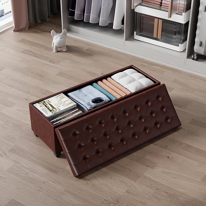 ABHENG Synthetic Leather Metal Frame Storage Ottoman Bench end of Bed Bench with Legs 43.5”W x 15.7”D x 15.7”H Hold up to 770 LB Large Storage Chest Brown UASND624R