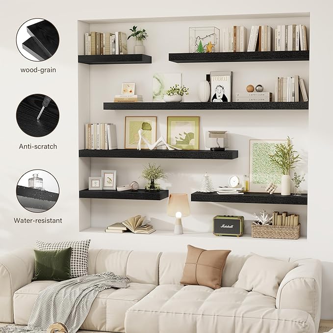 Acovy 12 Inch Floating Shelves, 12" Deep Floating Shelf Wall Mounted, 12" Wall Shelves, Rustic Deep Bookshelf, Extra Deeper Display Shelves & Storage Shelves for Bedroom, Living Room, Set of 3