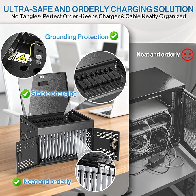 POCHAR 16-Unit Charging Cabinet for Laptops & Tablets - Locking Laptop Storage Box with Cable Management, Charger Storage, and Ground Protection for Classroom, Library, and Office (Black)