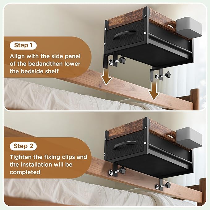 Bedside Shelf for Bunk Bed, 2 Tier Clip On Bed Shelf with Drawer & Cable Management, Under Mattress Bedside Shelf for Dorm Room, Loft Frame, College Dorm Essentials, Back to School (Brown)
