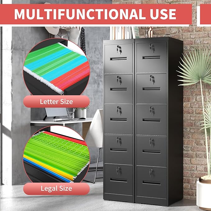 IKIMI 5 Drawer File Cabinet with Lock,Vertical Filing Cabinet with 5 Lockable Drawers,Black Metal File Cabinet for Home Office Steel File Cabinets for A4/Letter/Legal Size File,Assembly Required