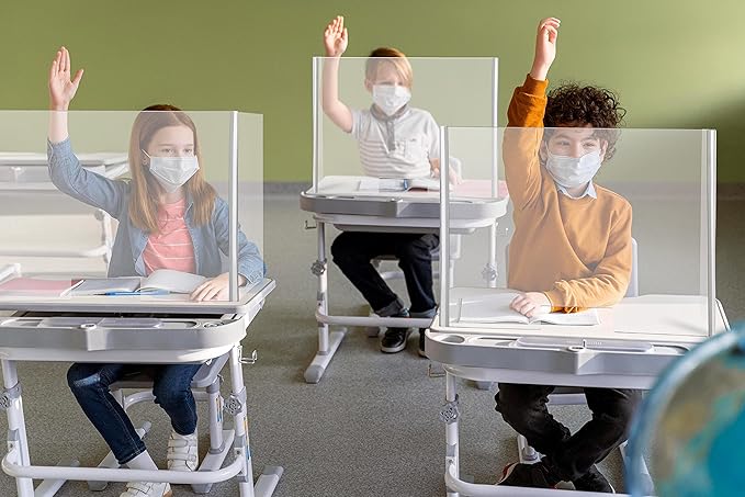 M&T Displays Foldable Sneeze Guard with Slot Cough Barrier Protective Shield Portable Student Desk Divider Screen Clear Table Panel for School 18x16x9 Inch