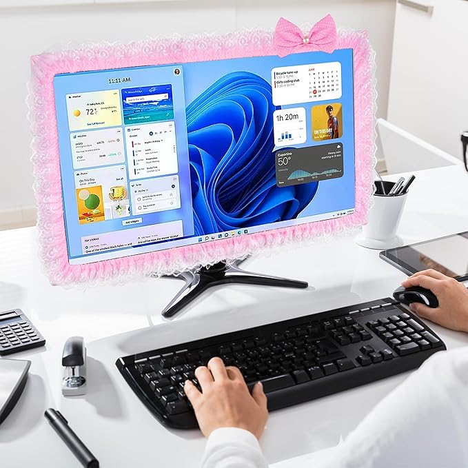 2 Pack Cute Computer Monitor Cover, 23''-26'' Elastic Monitor Dust Cover with Bow Knot, Lovely Monitor Accessories Screen Monitor Decoration for Tablet (Pink)