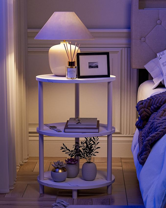 Round Pedestal End Table - 3-Tier Oval Accent Table for Small Spaces, Rustic Wood and Metal Couch Side Table, Nightstand for Bedroom or End Table Living Room, Easy to Assemble, Marble White