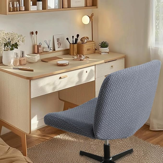 Criss Cross Chair Cover Dark Grey Armless Mid-Back Wide Seat Chair Slipcover for Vanity Chairs Washable