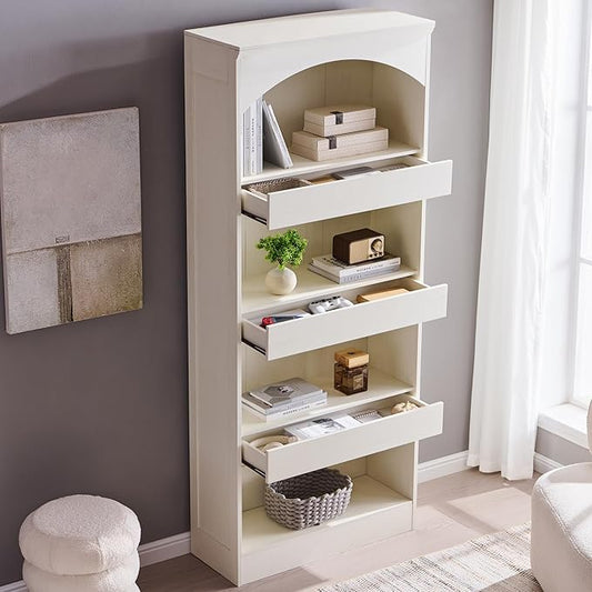 IFGET 76" Tall Arched Bookcase with 1PC Magnetic Lock Drawer, Modern Wooden Arch Bookshelf w/3 Pull-Out Drawers, Farmhouse 4 Tiers Book Shelf w/Open Shelves for Living Room, Office (Antique White)