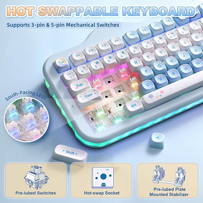 YUNZII C98 Wireless Mechanical Keyboard with Number Pad,98 Key BT5.0/2.4G/USB-C Hot Swap Gasket Mount with PBT MOA Keycaps,Custom RGB,Cute Cake Keyboard for Win/Mac (Blue, Milk V2 Linear Switch)