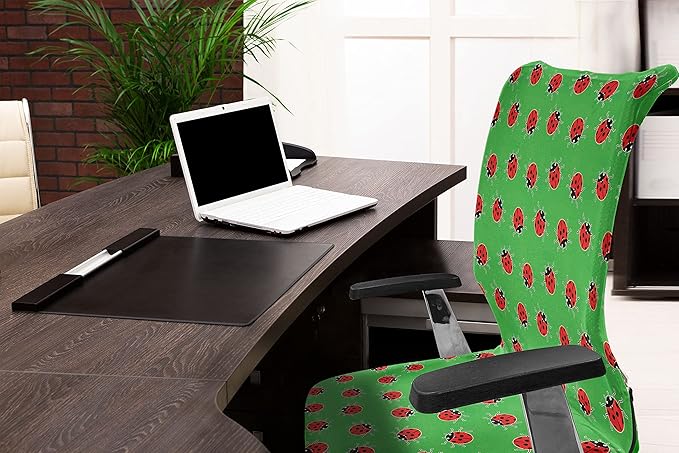 Ambesonne Entomology Office Chair Cover, Cartoon Style Repetitive Ladybugs on a Meadow, Stretchable Decorative Universal Size High Back Printed Slipcover, Red Green