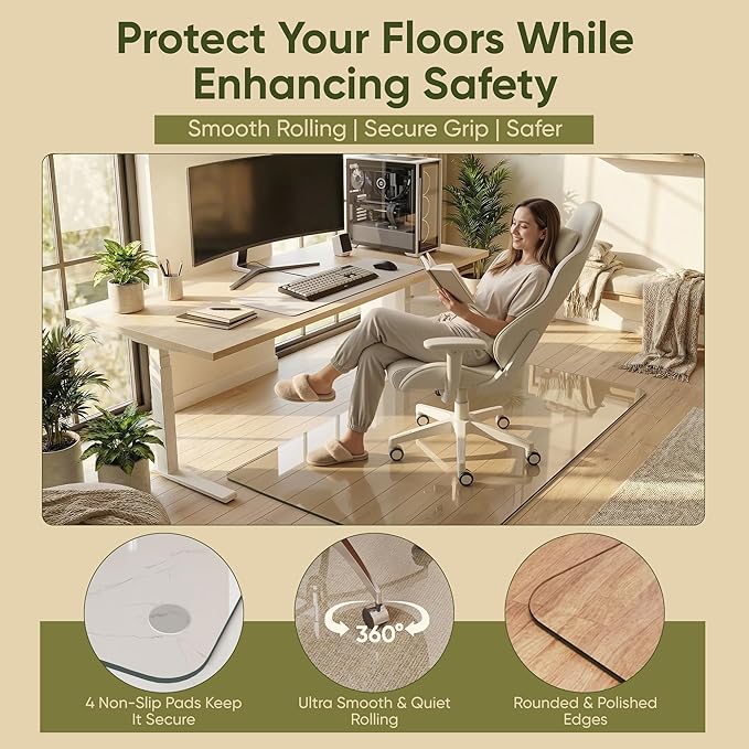 Tempered Glass Chair Mat for Hardwood Floor, 46" x 55" Heavy Duty Glass Office Chair Mat, for Low Pile Carpet, 0.2" Thick with 4 Non-Slip Pads, Smooth Rolling for Home & Office