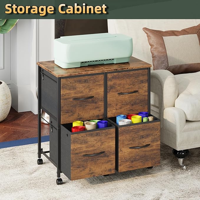 HIGDBFE 4 Drawer Lateral File Cabinet, Mobile Filing Cabinet for Large Printer, Home Office Functional Office Storage Cabinet & Printer Stand, Fits Letter/A4, Rustic Brown