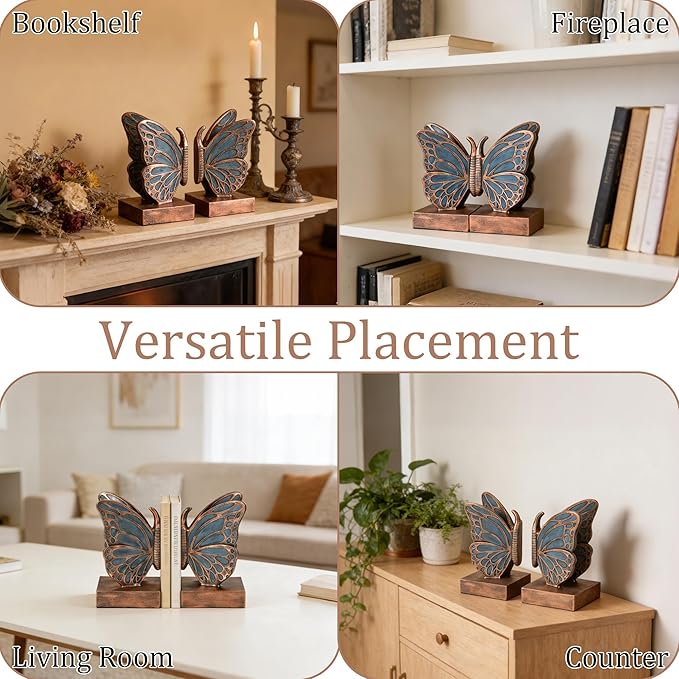 Blue Butterfly Bookends - Creative Book Stopper, Vintage Heavy Duty Book Ends, Decorative Bookends for Heavy Books