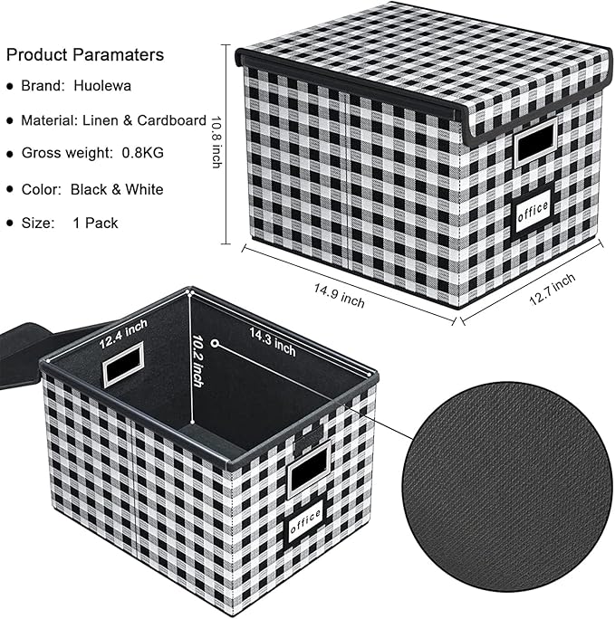 Decorative Collapsible File Storage Organizer Boxes with Lids, Hanging Filing & Storage Boxes for Office/Decor/Home, Filing System for File and Folders Storag - (Black & White Lattice)