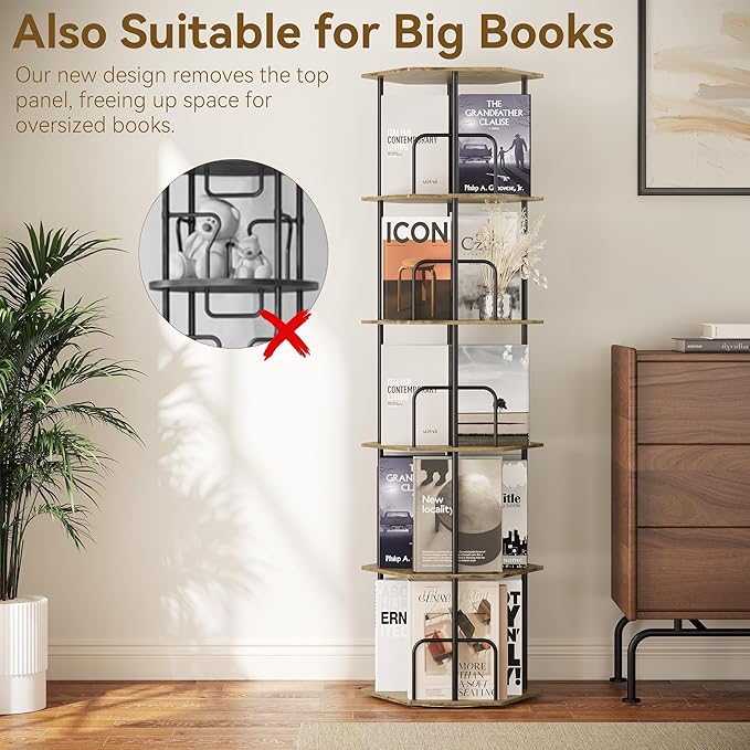 SUNMORY 5 Tier Rotating Bookshelf Tower, Revolving 360 ° Spinning Bookcase, Hexagonal Corner Book Shelf Storage Carousel, Vertical Rotate Turning Organizer Book Shelves for Living Room Office Bedroom
