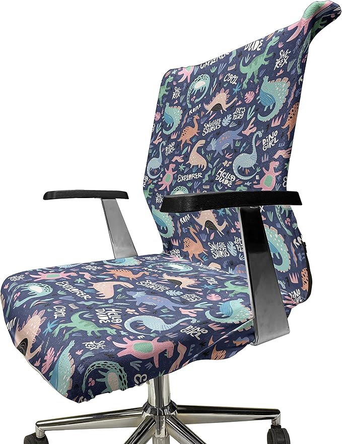 Ambesonne Dinosaur Office Chair Cover, Cartoonish Abstract Extinct Animals She-rex Dino Girl, Stretchable Decorative Universal Size High Back Printed Slipcover, Dark Indigo Soft Blue Blush