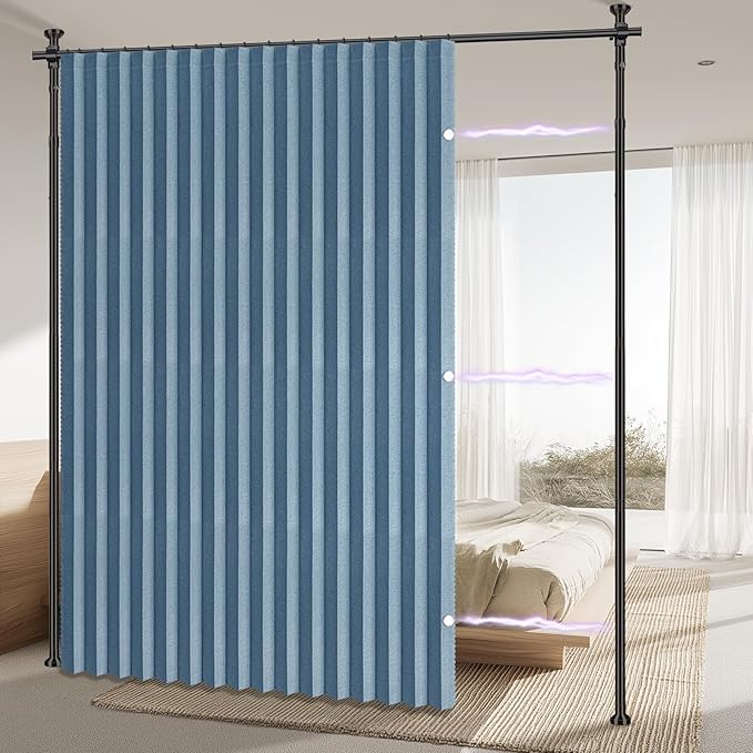 AJAZZ Room Divider Curtain (Blue, W100 x L96 in, 1 Panel)+ Tension Curtain Rod No Drilling (H) 43-120×(W) 35-100 in, for Privacy/Soundproof Curtains, Heavy Duty Wall Separator