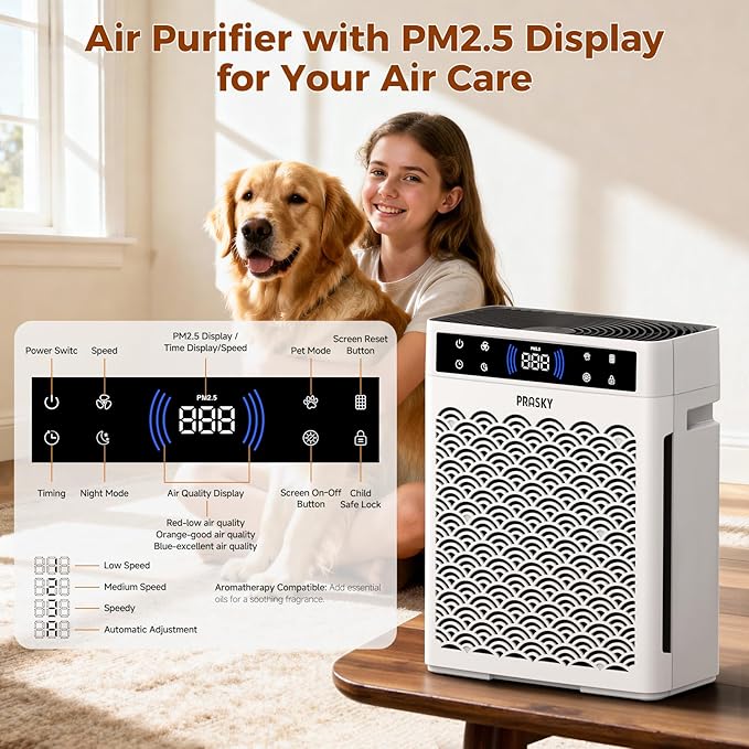 Air Purifiers for Home Large Room up to 3000sq.ft, PRASKY HEPA Air Purifier & with Activated Carbon for Office, Bedroom, Dorm Room, Kitchen