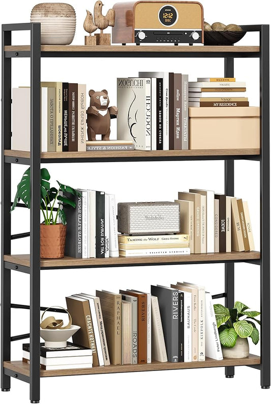 4 Tier Bookshelf 31.49" Width, Tall Book Shelf Storage and Organization, Wooden and Metal Industrial Bookcase, Large Book Shelves for Home Living Room Bedroom Office Storage(Light Coffee)