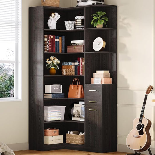 IRONCK Corner Bookshelf, 76" Tall Corner Bookshelves, 6 Tiers L-Shaped Bookcase with 10 Open Shelves and 2 Storage Drawers for Living Room or Home Office, Dark Brown