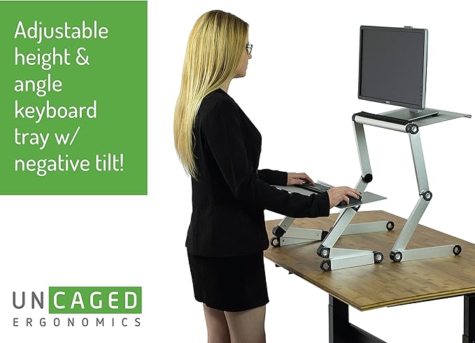 WorkEZ Standing Desk Conversion Kit with 2 fans & 3 usb ports. Perfect Laptop Sit to Stand Converter Ergonomic Adjustable Height & Angle Negative Tilt