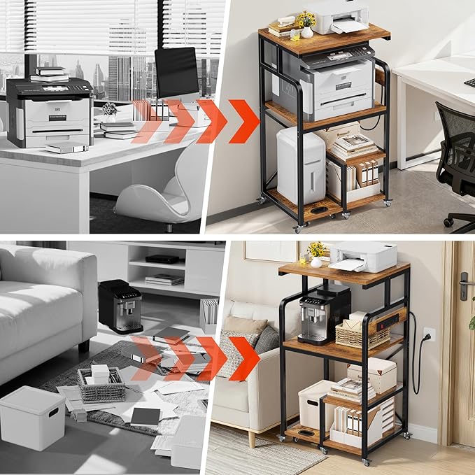 POKIPO Large 4 Tier Printer Stand, 26.7 x 21.2 x 50.2 Inches Tall Printer Cart with Power Outlets 4-Adjustable Heavy Duty Rolling Shelf for Home Office Kitchen Stand for Paper Shredder Mini Fridge
