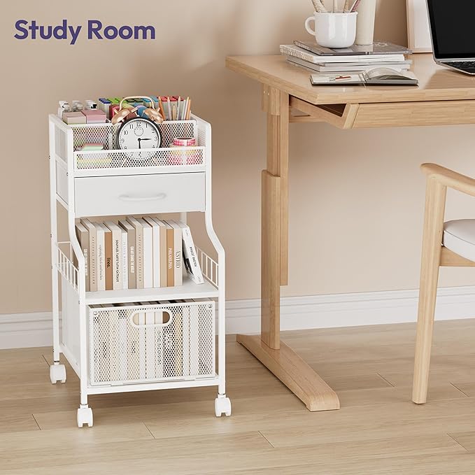 SWTYMIKI Rolling Under Desk Storage - Storage Cart with Drawers & DIY Divider - Art Cart Organizer on Wheels - Craft Rolling Utility Cart for Office, Craft Room & Studio White