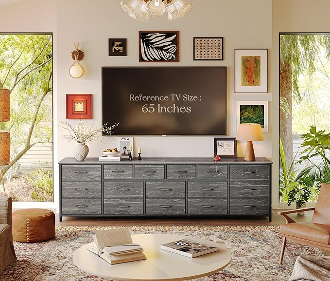 Huuger 77.6" Long Dresser for Bedroom, 16 Drawer Fabric Dresser for Closet, Wide Chest of Drawers with Storage, TV Stand for 65, 75, 85 Inch TV, 77.6" W x 12.9" D x 26.7" H, Charcoal Black
