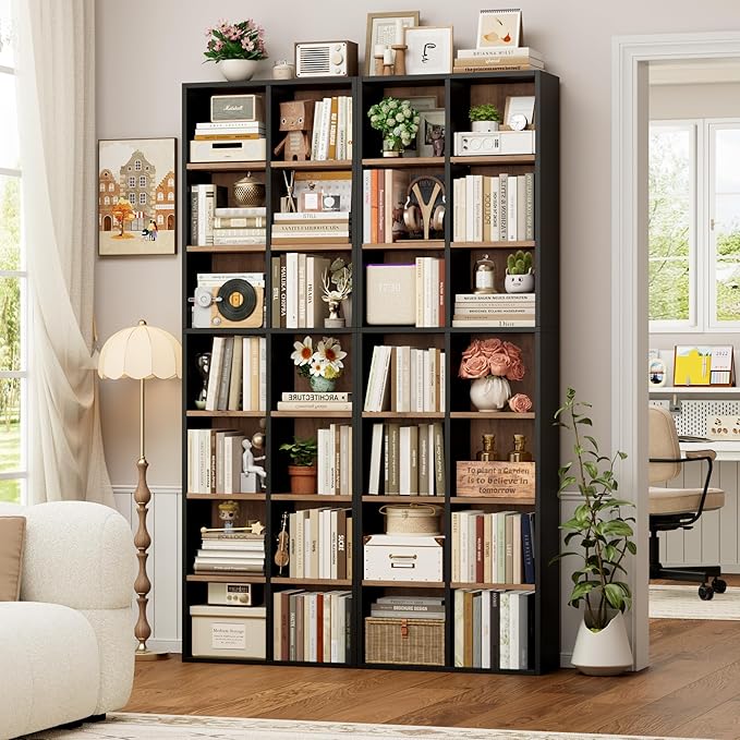 FOTOSOK 71'' Tall Bookshelf Set of 2, 7 Tier Large Bookshelf with Adjustable Shelves, Wide Bookcases and Bookshelf, DVD/CD Media Tower Storage, Cube Book Shelf Display Shelf Cabinet, Black/Brown