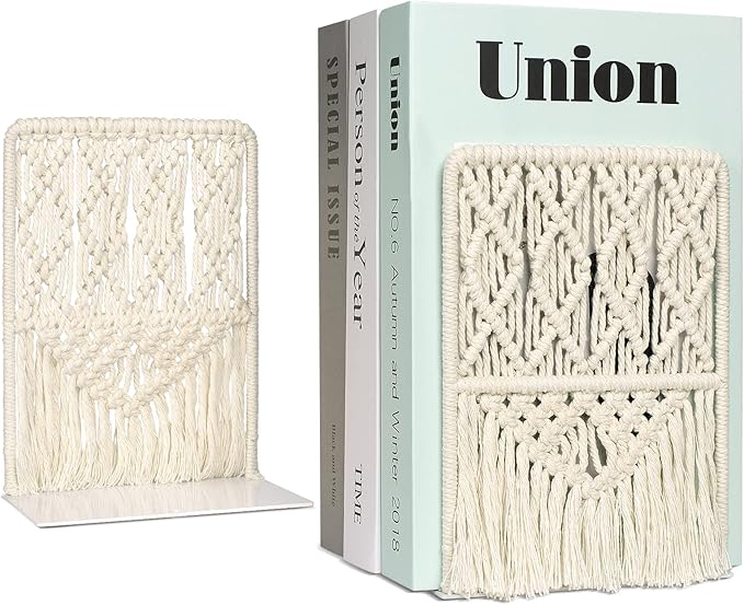 AELS Boho Macrame Bookends with Tassels, Heavy Duty Metal Book Ends, Decorative Unique Bookend Supports for Shelves, Stopper for Books/Movies/CD, Farmhouse Decoration,Thanksgiving