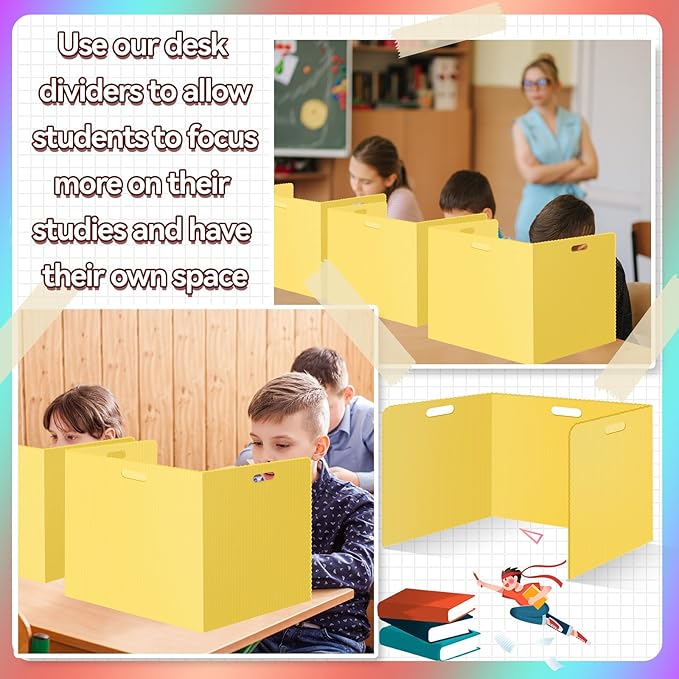 24 Pcs Desk Dividers for Students Plastic Durable and Waterproof Privacy Folders Shields Test Dividers with Classroom Privacy Boards for School Study Teacher Supplies (Yellow)