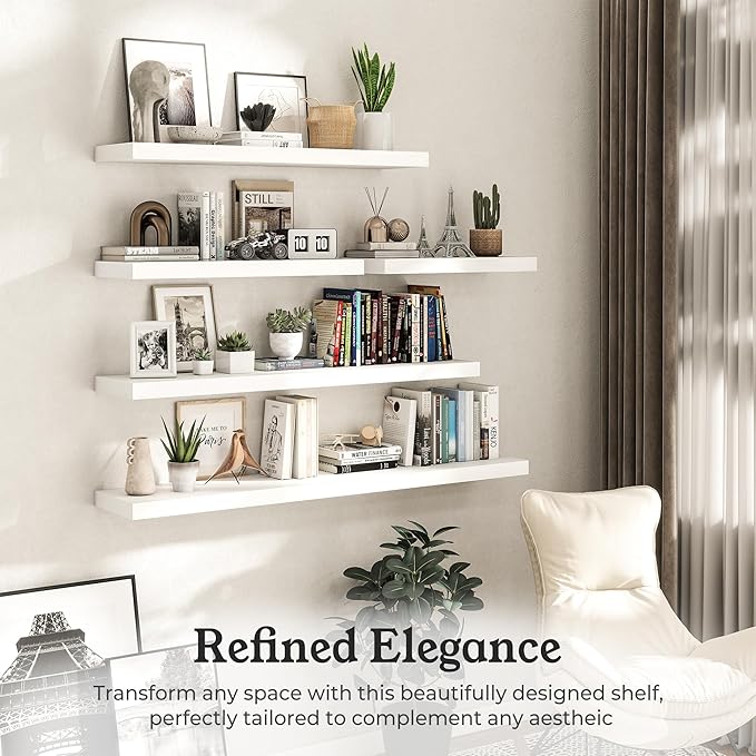 White Floating Shelves for Wall, 9.3" Deep Wall Mounted Wood Shelves for Bathroom, Bedroom, Living Room, Kitchen, Hanging Shelf for Books/Storage/Room Decor (White, 36")