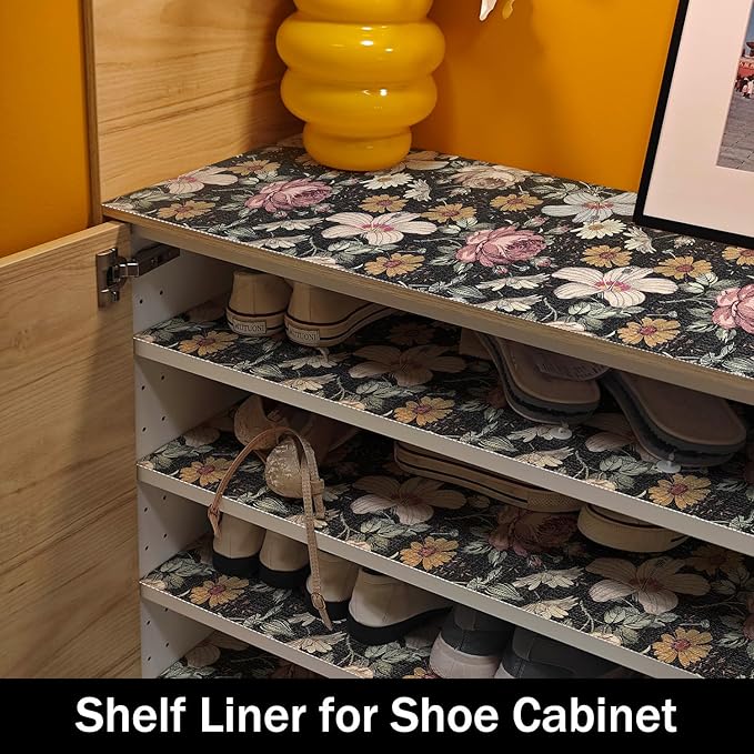 Black Retro Floral Shelf Drawer Liner for Kitchen Cabinets Non-Adhesive, Waterproof Strong Non-Slip Shelf Cabinet Drawer Liners for Dresser Table Cupboard Liners,Easy to Clean,12IN x 10FT