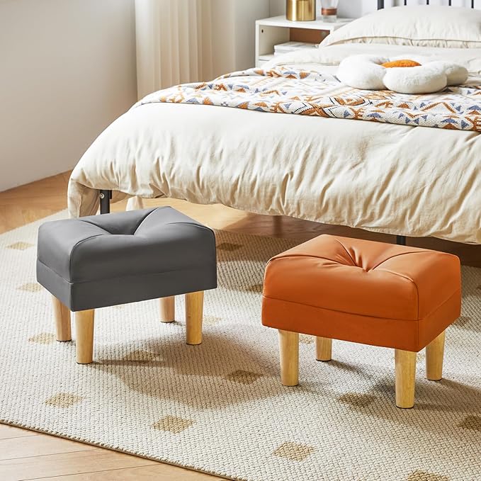 YMYNY Small Footstool Ottoman, Faux Leather Footrest with Sponge Padded Seat, Step Stool for Sofa, Bedroom, Living Room, Entryway, Modern Change Shoes Stool 15.75"D × 11.42"W×12.6"H Orange UHBD040J