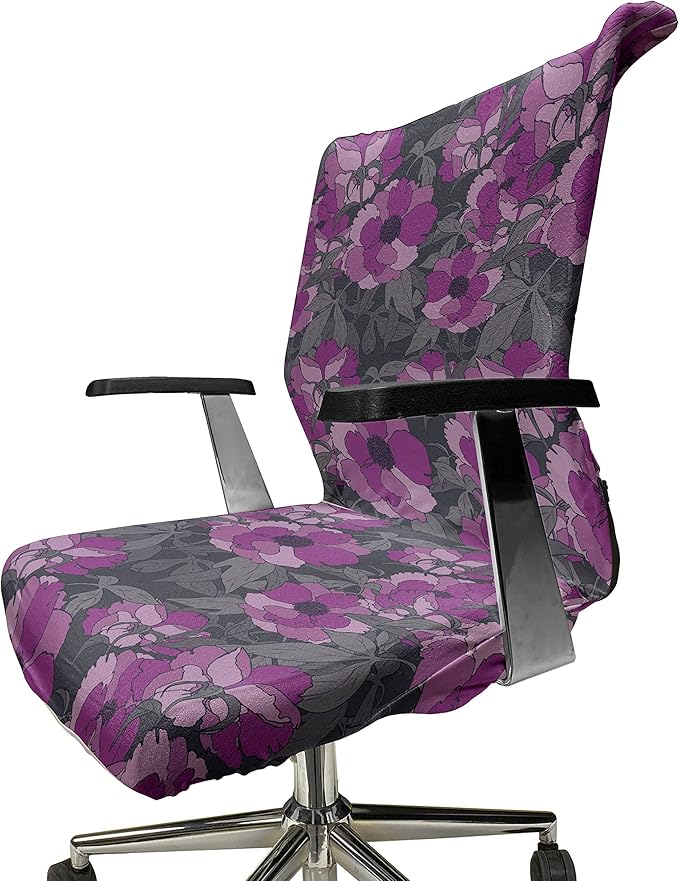 Ambesonne Floral Office Chair Cover, Violet Tones Grungy Look Flower Print Wild Rose, Stretchable Decorative Universal Size High Back Printed Slipcover, Purple Grey