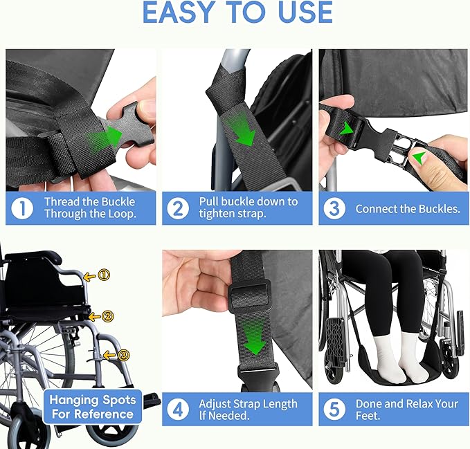 SPRING SEAON Wheelchair Foot Rest Hammock, Adjustable Leg Support Foot Sling with Soft Padded Base, Anti-Squeeze Footrest Replacement for Wheelchairs, Essential Wheelchair Accessories (Black)