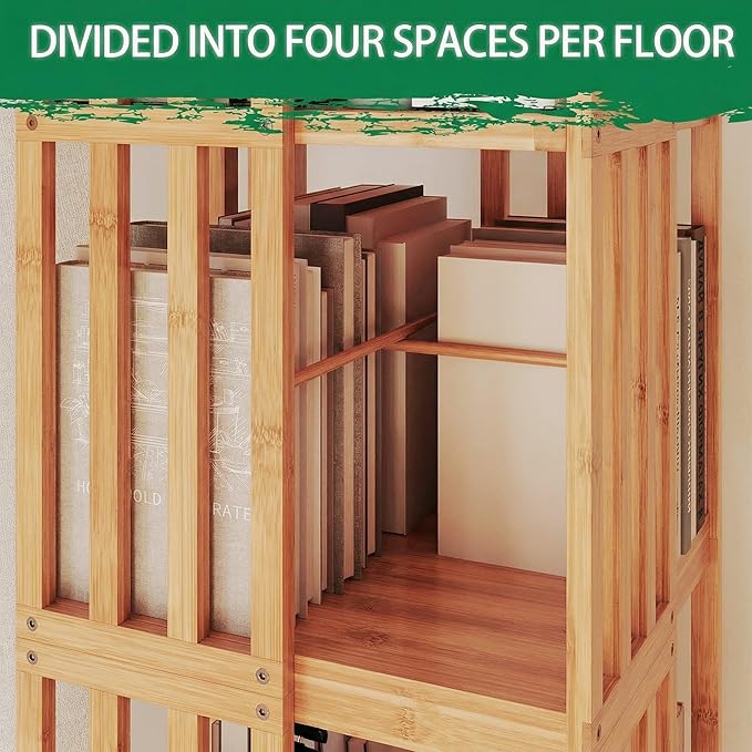 Lauxery Rotating Bookshelf Tower– 6 Tier 360° Spinning Bookshelf | Space-Saving Floor Standing Bamboo Revolving Bookcase for Small Space, Home Offices & Reading Corners | Nature