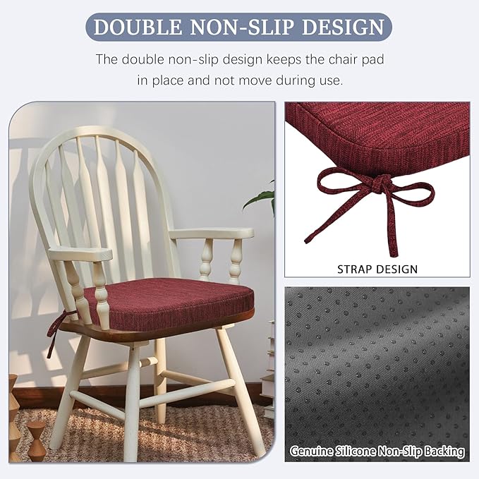 baibu Kitchen Chair Cushions, Dual-Layer Patented Design Molded Memory Foam Dining Chair Pads with Ties and Washable Cover, 17" x 16" x 2", Wine Red