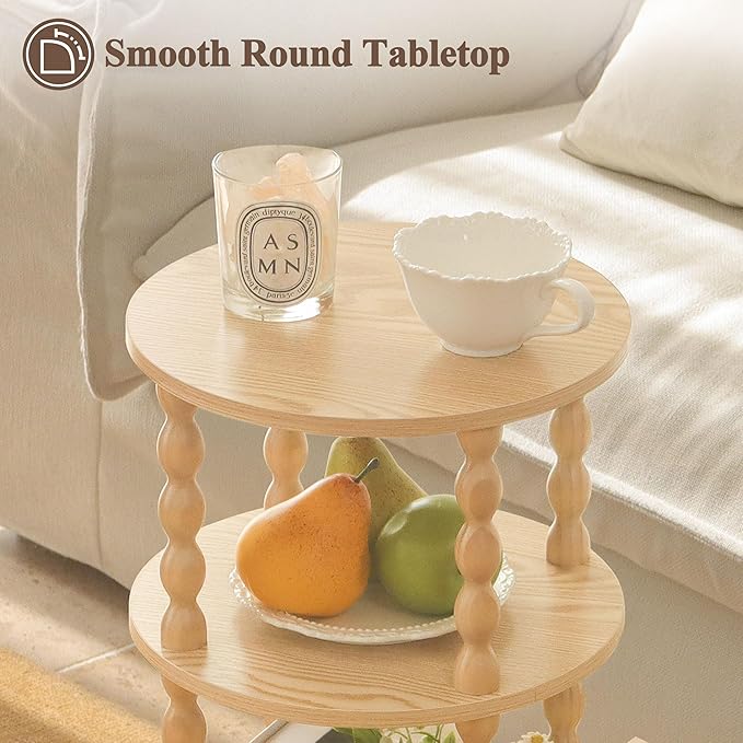AWASEN Small End Table, 3-Tier Round Side Table for Small Spaces, Round Accent Table Nightstand for Bedroom, Living Room, Office, Natural