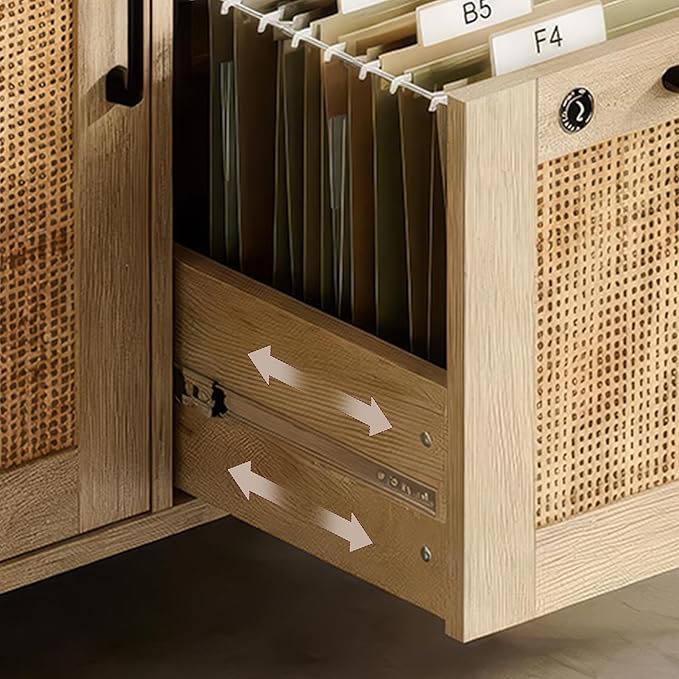 Lateral File Cabinets for Home Office, 3 Drawer and 2 Doors Filing Cabinet with Lock, Wide Rattan Filing Organization Cabinets with Printer Stand, Adjustable Storage Shelves/Hanging Bars, Natural Wood