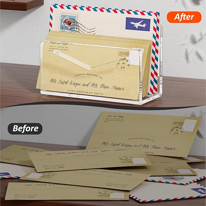 FUCDTEFC Acrylic Mail Holder, Mail Organizer Wall Mounted Clear File Letter Organizer, Vertical Envelope Mail Holder for Desk, Lightweight Countertop Bill Sorter Invoice Stand for Home Office School