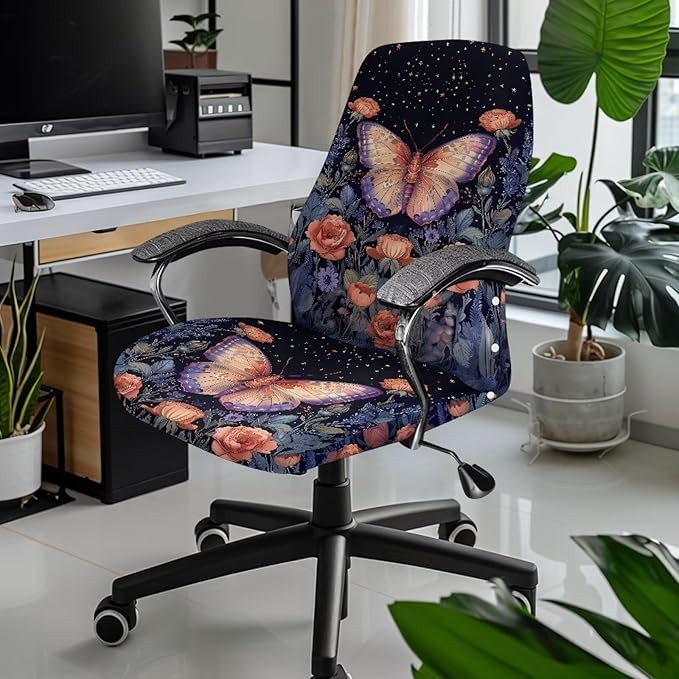 Talayituse Butterfly Rose Flower Print Office Chair Covers, Stretch Computer Chair Cover, Universal Boss Chair Covers Modern Simplism Style High Back Chair Slipcover, Large