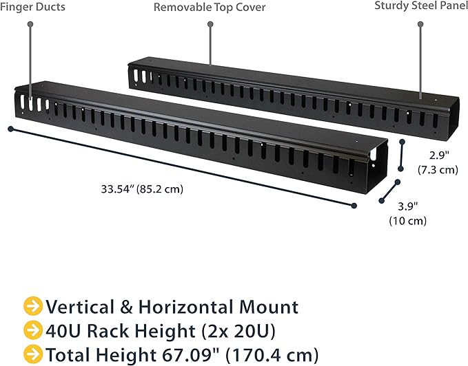StarTech 2-Pack 20U Vertical Cable Organizer with Finger Ducts, Vertical Cable Management Panel, 40U Rack-Mount Cable Raceway, 2x 3ft (91cm) Wire Organizers