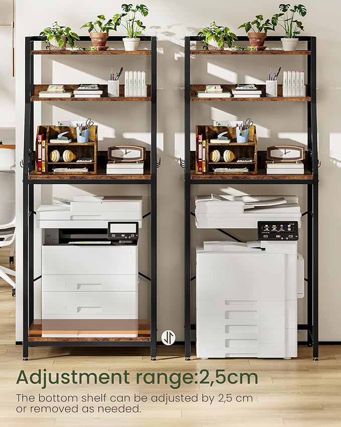 CHOEZON 4-Tier Bakers Rack with Mini Fridge Stand, Coffee Bar Station, Microwave Stand with Charging Station, Kitchen Storage Rack with 6 Hooks, for Kitchen, Dining Room, Rustic Brown THB03UBF
