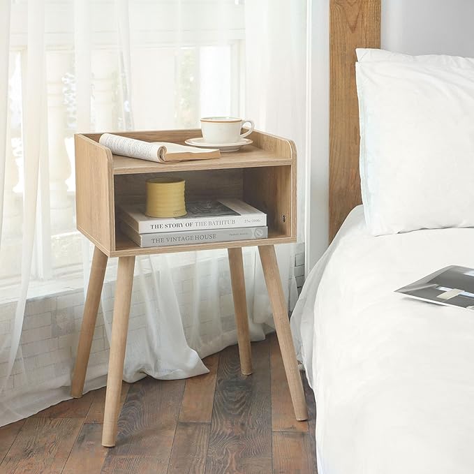 MaxSmeo End Tables Set of 2, Mid Century Modern Side Table Bedroom with Storage, Small Nightstands Set of 2 with Solid Wood Legs for Living Room, Office Small Spaces (Rustic Walnut)