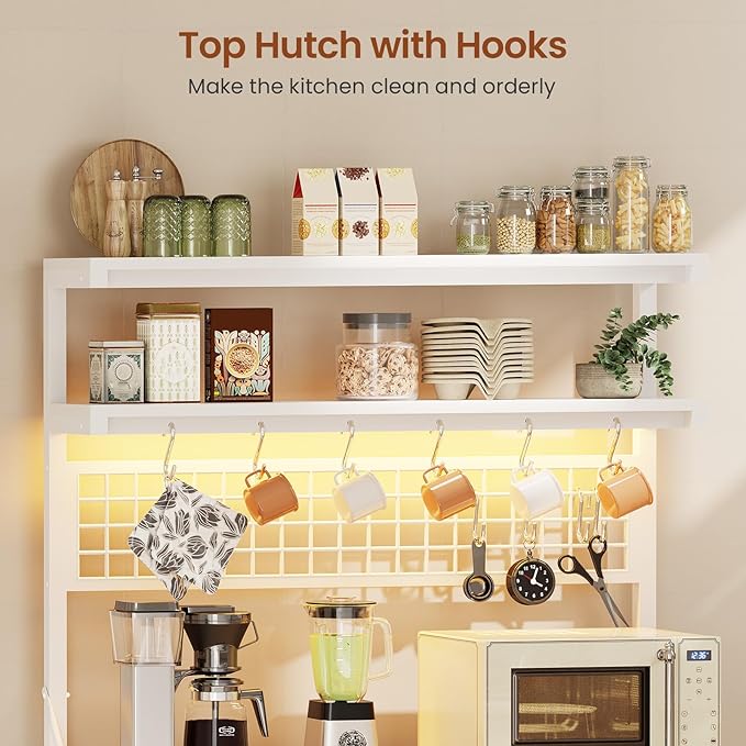 Itaar Bakers Rack with Storage and Power Outlet, 35.4 inch Coffee Bar Cabinet, Microwave Stand Kitchen Cabinet with Hutch, LED Lights, Wine Rack and Hooks (White)