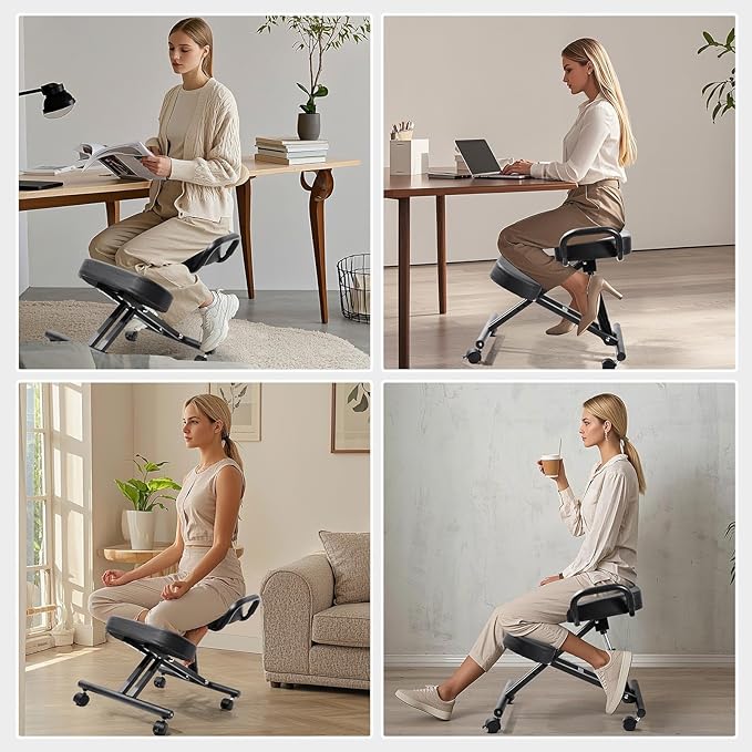 Ergonomic Kneeling Office Chair, Adjustable Postures Chair with Wheels & Extra Thick Cushion, for Study, Meditation & Home Work, Supports Back & Spine, Comfortable for Adults & Students