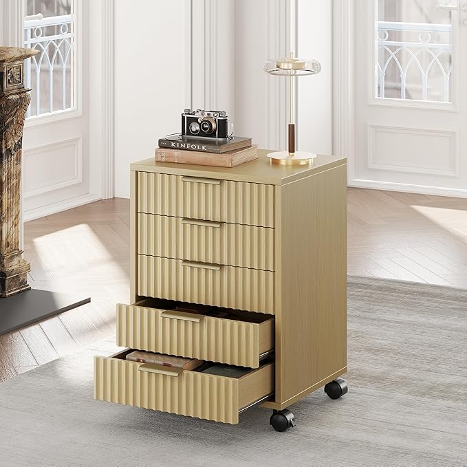 5 Drawer Chest, Under Desk Storage Wood Drawers with Wheels,Fluted File Cabinet for Home Office, Natural Walnut
