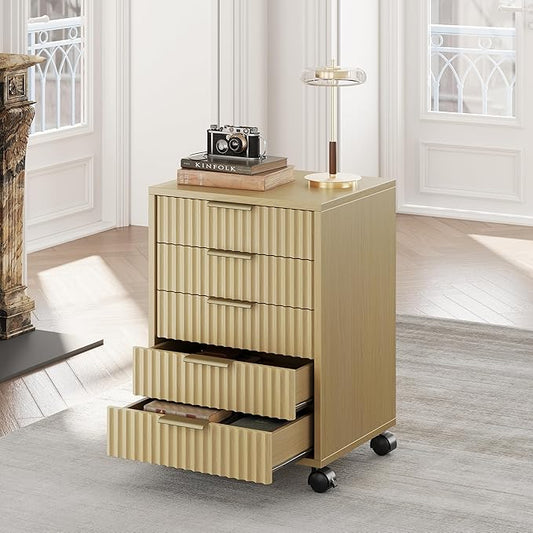 5 Drawer Chest, Under Desk Storage Wood Drawers with Wheels,Fluted File Cabinet for Home Office, Natural Walnut